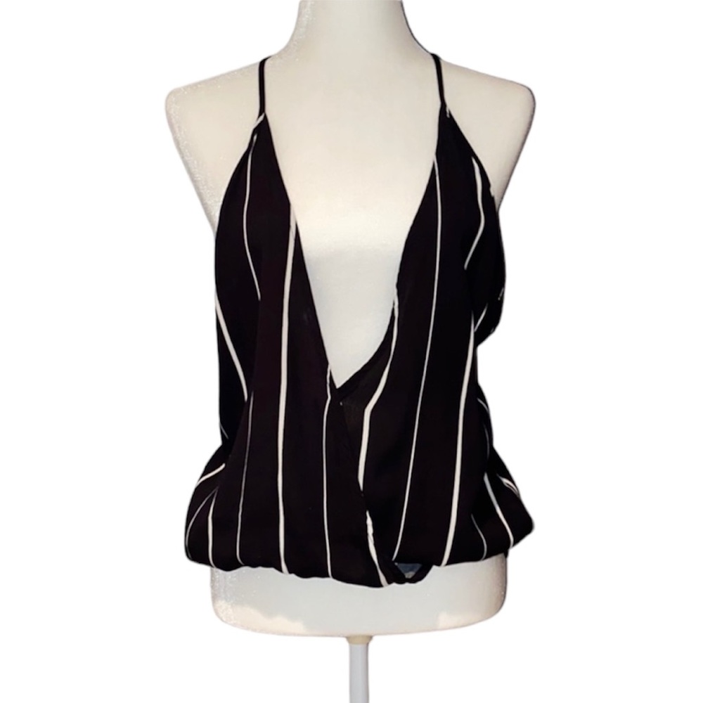 Women’s Honey Punch B&W Open-Front Striped Tank Blouse Small